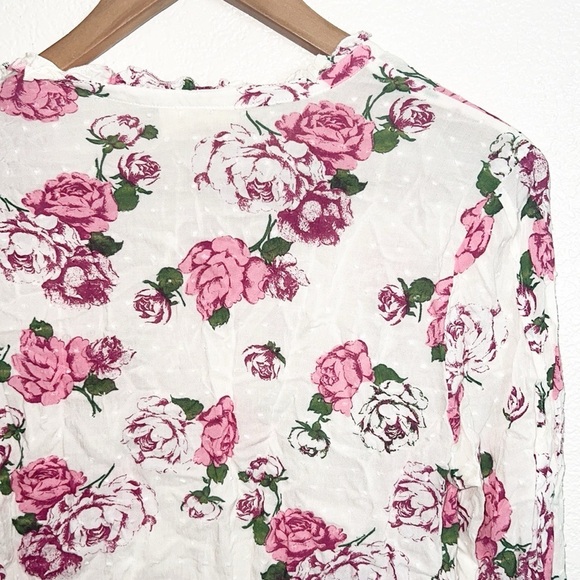 ModCloth Pink And White Rayon 3/4 Sleeve Floral Swiss Dot Tie Neck Blouse - Picture 8 of 8